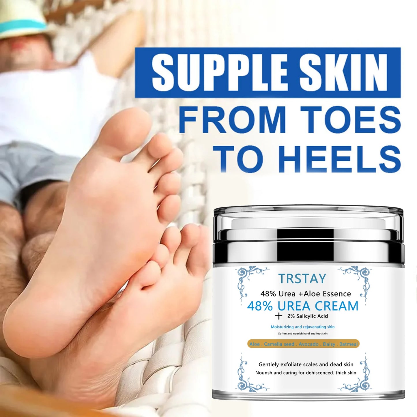 Trstay urea cream with text 'Supple Skin from Toes to Heels' and a close-up of feet.