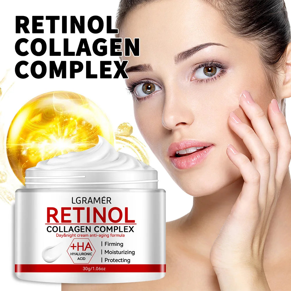 Retinol Collagen Complex cream jar with a woman applying it to her face.