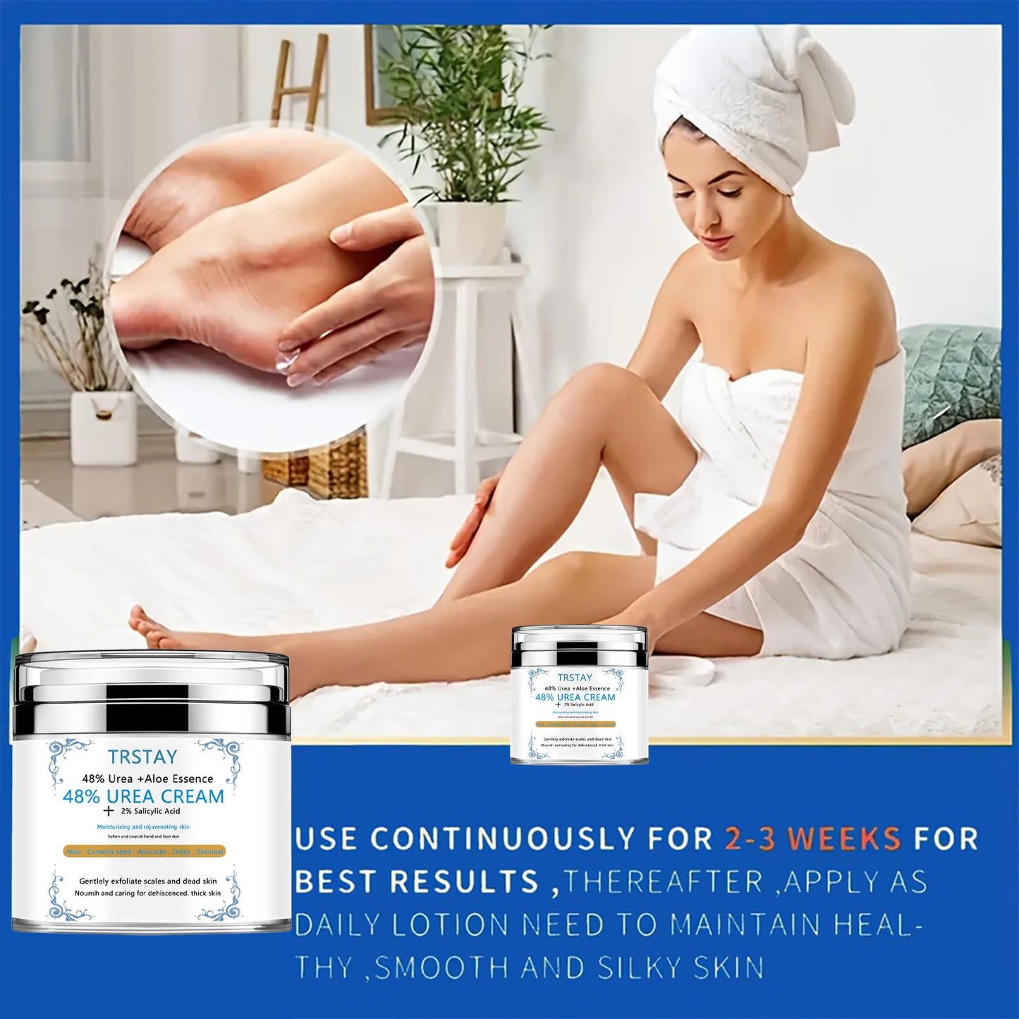 Woman applying cream to her legs with a close-up of skin texture, TRSTAY urea cream packaging displayed.